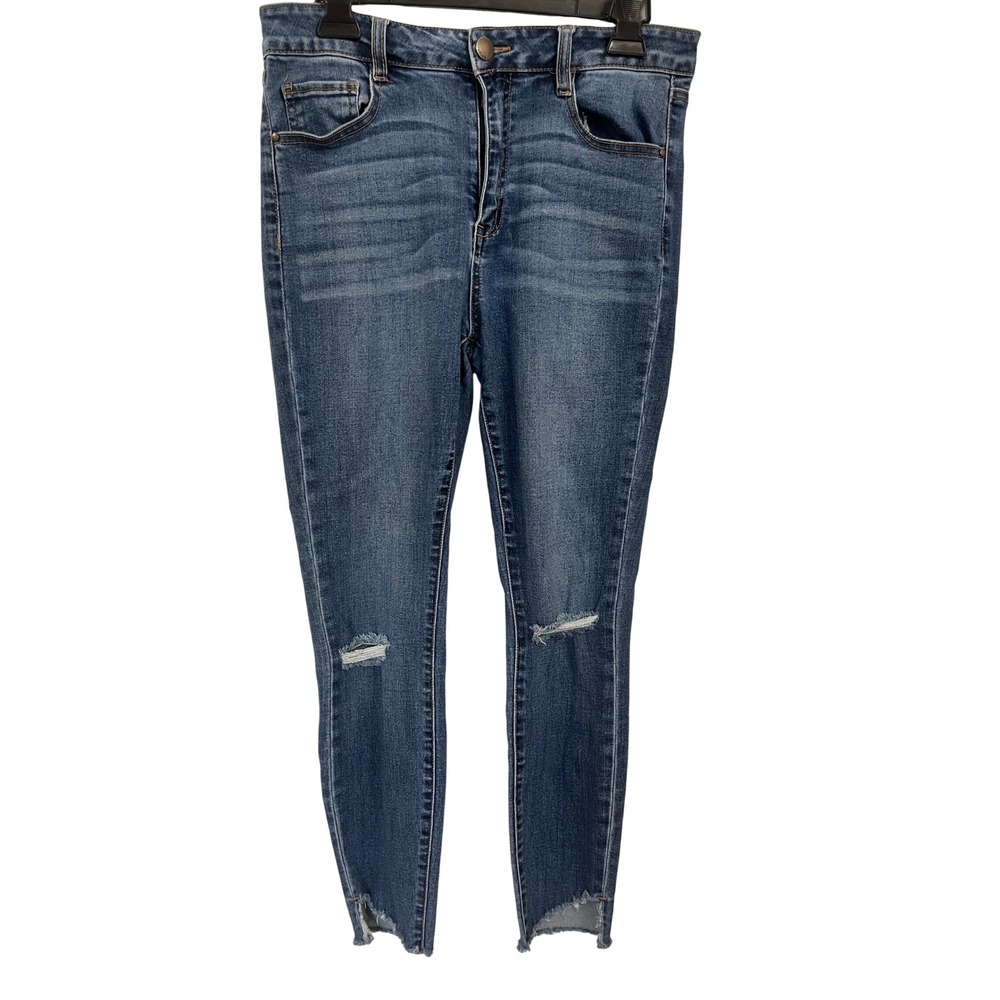 Refuge Womens High Rise Skinny Jeans Medium Wash Distressed Raw Step Hem Size 8